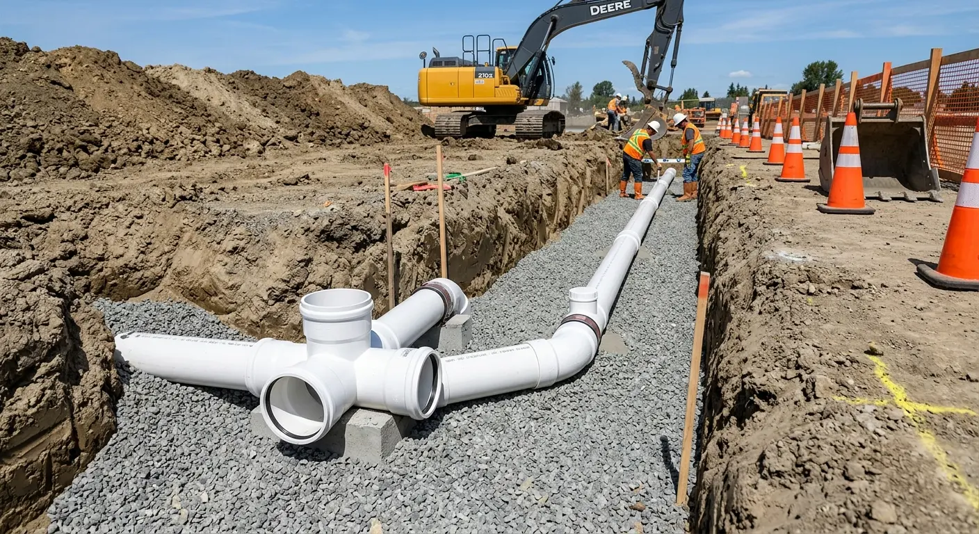 New PVC sewer pipe installation in open trench for Sewer Backup in Wilson