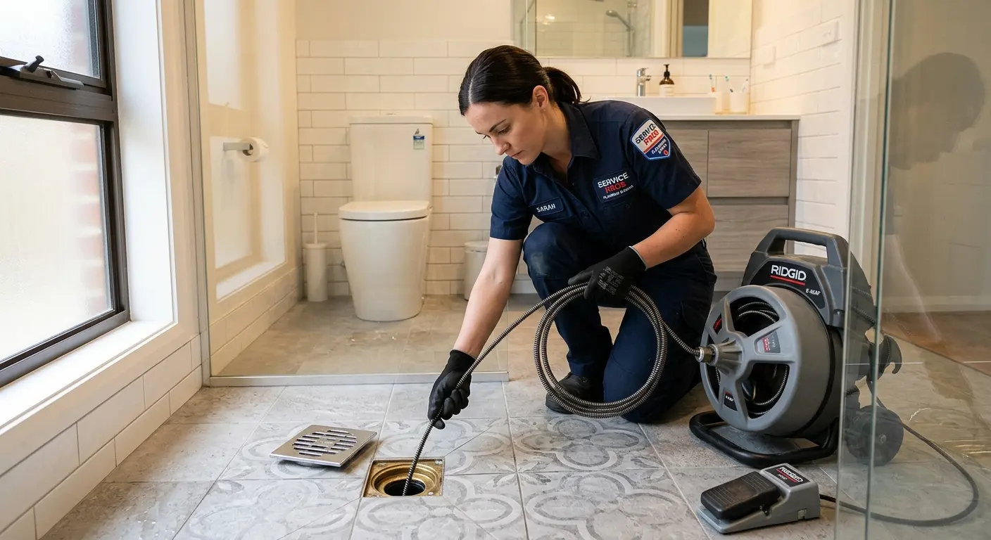 Technician clearing a bathroom floor drain for Clogged Drain Repair in Wilson